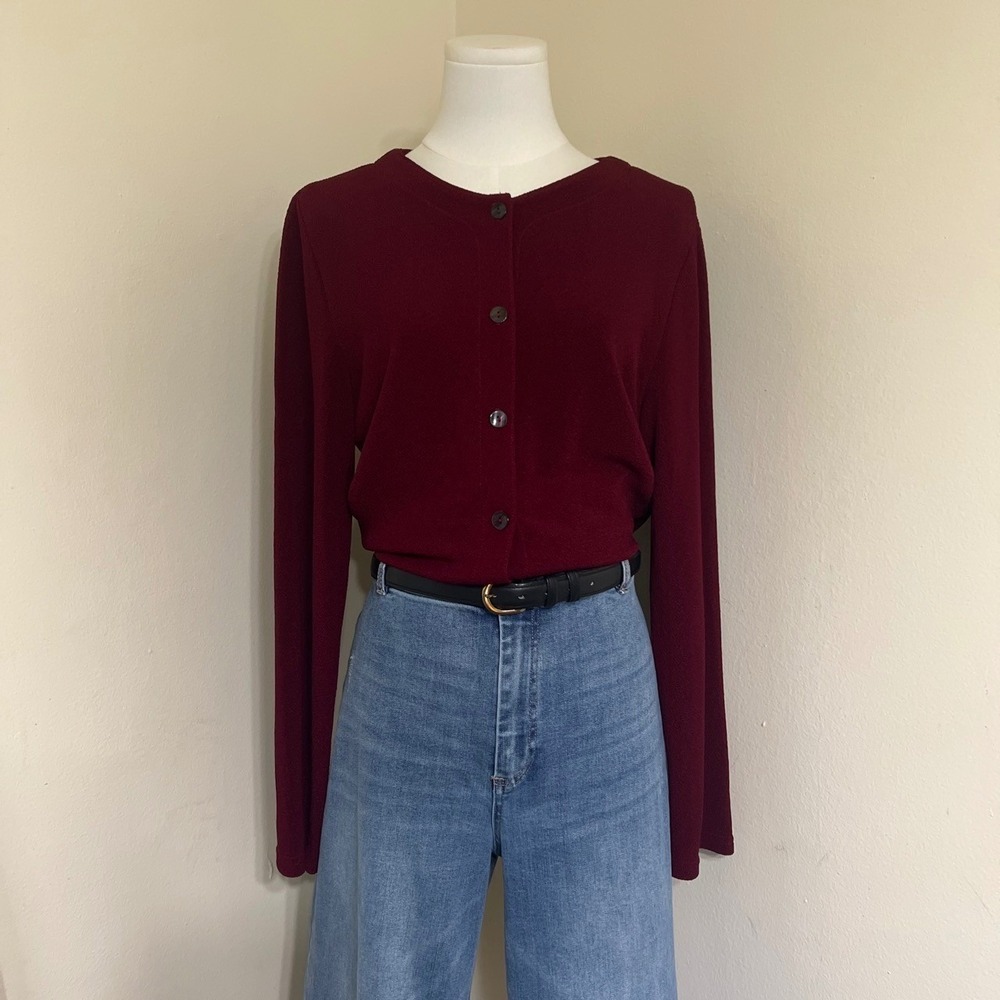 Orvis Burgundy Textured Knit Button Front Cardigan Sweater Small Made in USA